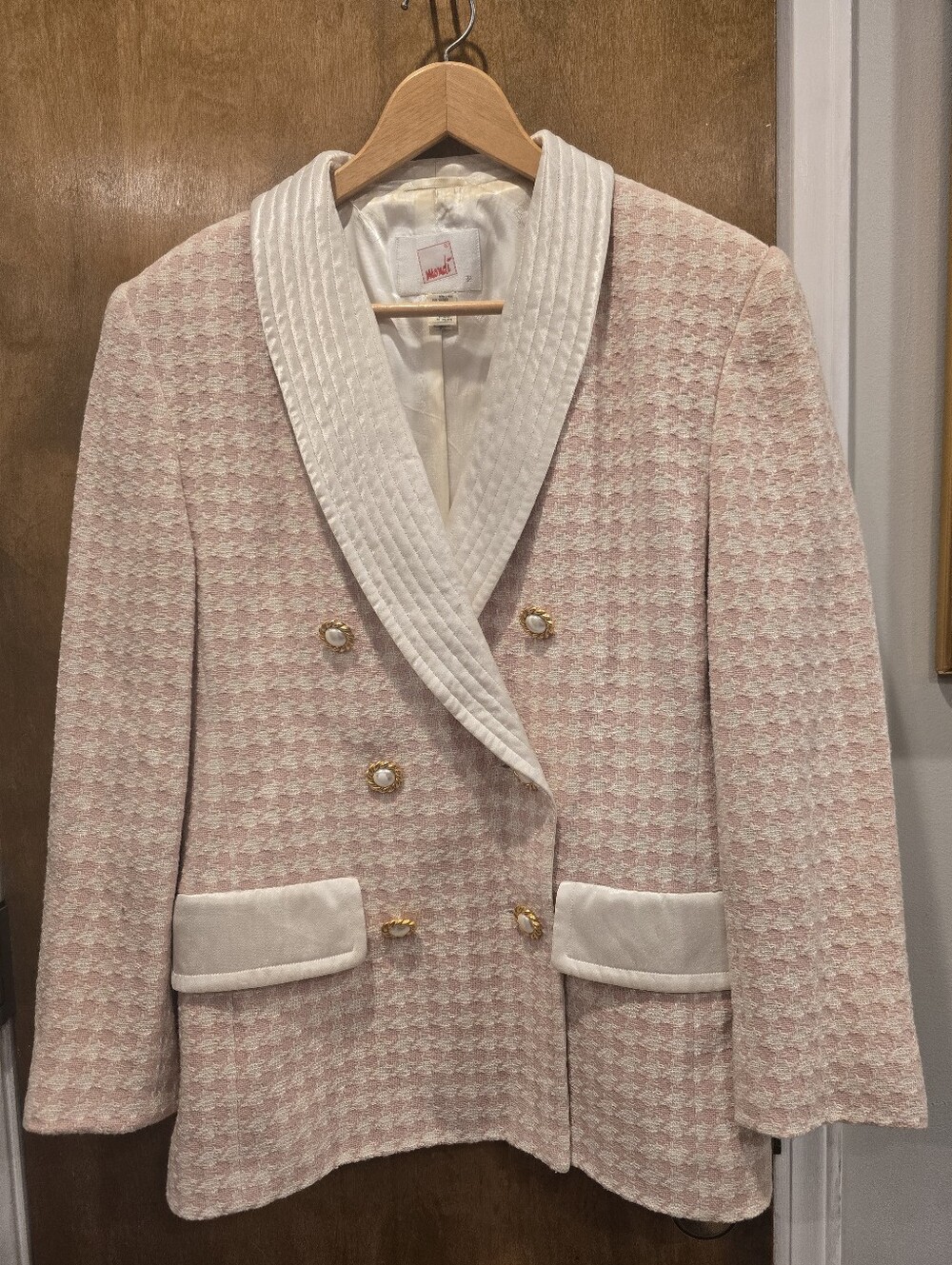Mondi Houndstooth Double Breasted Blazer SZ 38 Satin Lapels Pink Ivory 8 US VTG